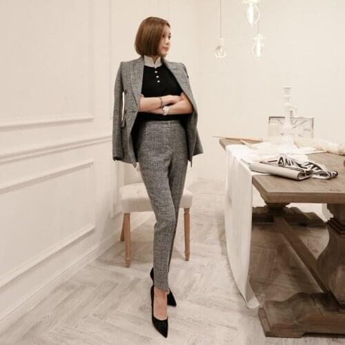 Autumn Winter OL Style Deep Gray Women Pant Suit Double Breasted Slim Blazer High Waist Pencil Pant Casual Female 2 Pieces Set