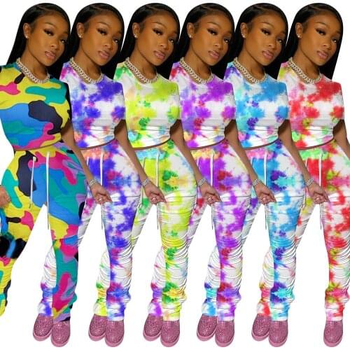 Camouflage Tie Dye Print Casual Two Piece Set Sportwear Short Sleeve T Shirt +Pockets Ruched Stacked Pants Women Tracksuit XXL