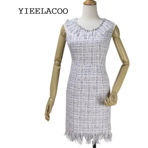 Blue Plaid tweed dress Spring /autumn womens dress small fragrance style ladies classic sleeveless knee-length Bohemian dress