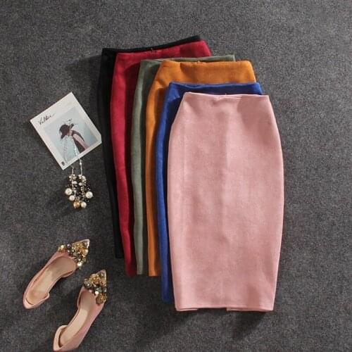 2021Spring Womens Retro Mid-length Back Split Bag Hip Skirt Stretch Suede Solid Color Professional Pencil One-step Skirt Office