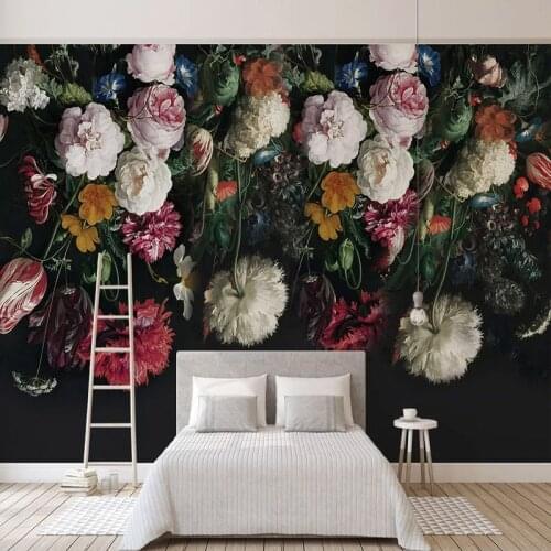 3D Wallpaper European Style Retro Rose Flowers Black Murals Living Room TV Sofa Bedroom Art Wallpaper Self-Adhesive Wall Sticker