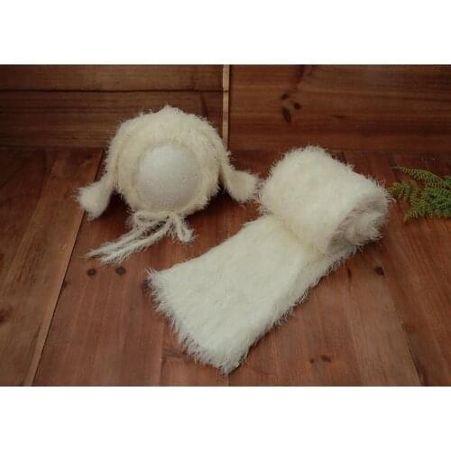 Fuzzy Stretch Knit Wrap Outfit Newborn Knit Bunny Bonnet and Jersey Wrap Full Set Baby Animal Hat Photography Prop Swaddle Sack