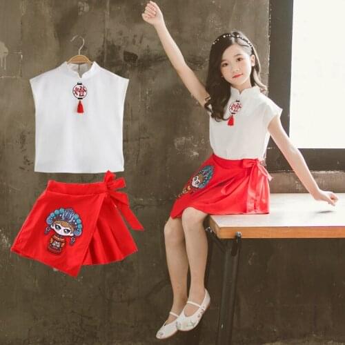 2021 Teenage Girls Clothing Sets 2 Pieces Summer Shirt +Tutu Skirt 10 To 12 Years Old Chinese Style