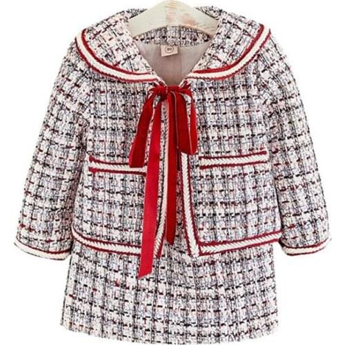 DFXD Toddler Baby Girls Autumn Clothes Set High Quality Princess Outfits Kids Girl Full Sleeve Bow Plaid Coat+Skirt 2PC Costume