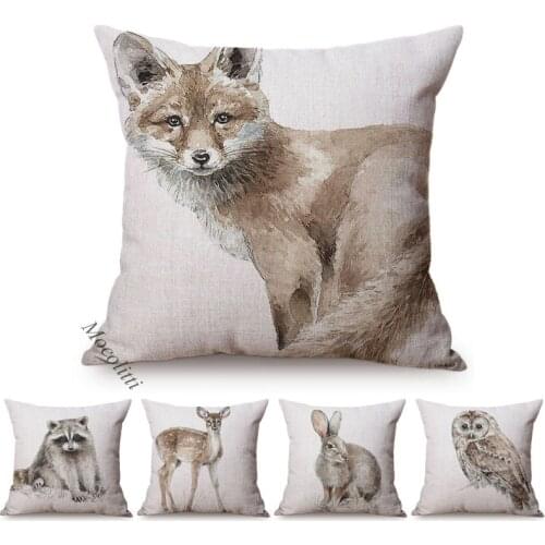 Brown Water Color Animal Cute Rabbit Sika Deer Kids Room Decorative Sofa Cushion Cover Fox Owl Cotton Linen Throw Pillow Case