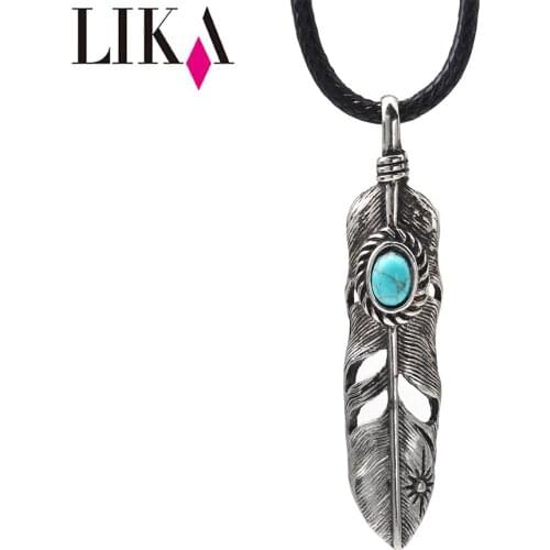 LIKA Vintage Style Antique Silver Feather Gemstone Pendant Womens/Mens Turquoise Inlaid on Alloy Feather Pendant Rope Necklace