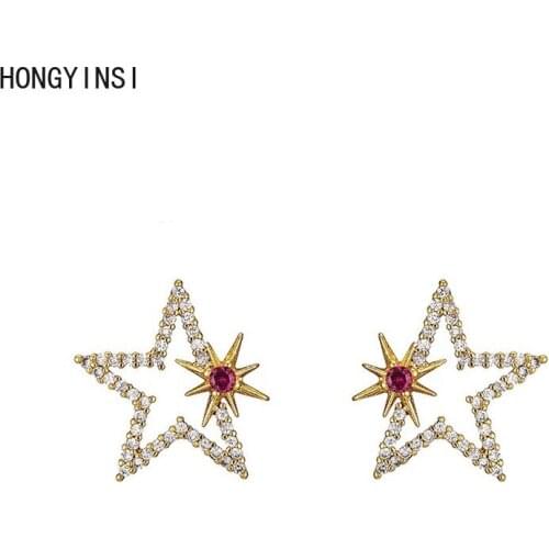 The New Diamond-encrusted Five-point Star Stud Hollow Star Earrings Electroplating Copper-encrusted Water Drill Sparkles