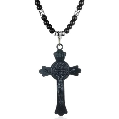 INRI Saint Benedict Medal Cross Pendant Necklaces Black Stone Beads Chains Jesus Necklace Religious Jewelry for Women Men