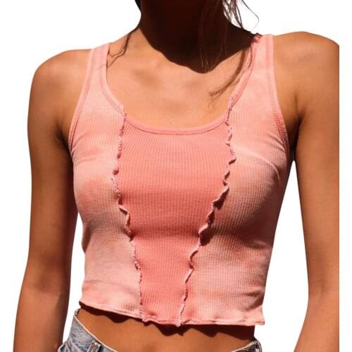 Sexy Summer Womens Crop Tanks Tops Patchwork Curved Hem Round Neck Blouse Ribbed Vest for Female