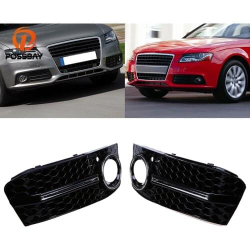 POSSBAY Front Lower Bumper Fog Light Grills Grille for Audi A4/B8 2007 2008 2009 2010 2011 Pre-facelift Black Hole Grilles