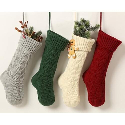 Christmas Xmas Tree Hanging Party Tree Decor Knitting Diamond Pattern Santa Stocking Sock Gift Candy Bags