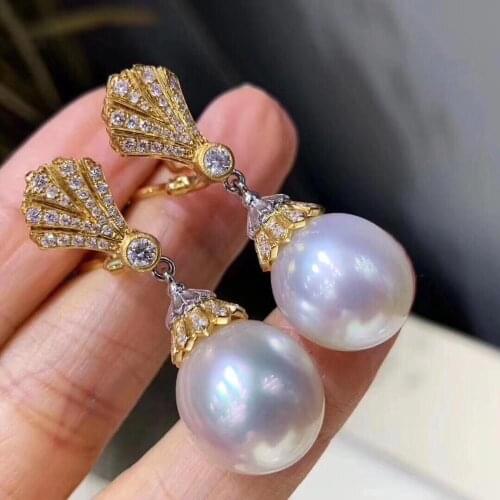 D123 Pearls Earrings Diamonds 18 K Gold Natural Fresh Water White Pearl Earrings 11-12mm for Women Fine Pearl Earrings