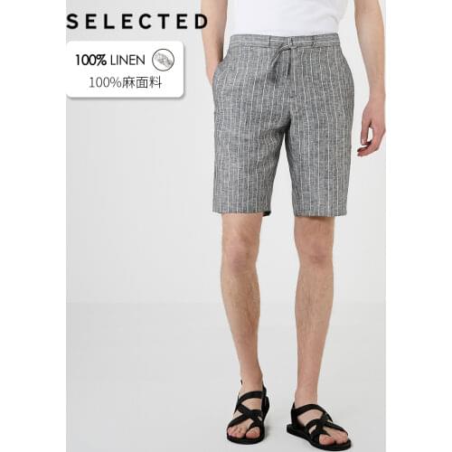 SELECTED Mens Linen Straight Fit Striped Casual Knee-high Shorts S|4192SH538