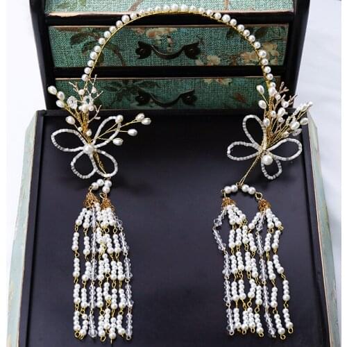 Vintage Gold Tassel Pearl Hair Jewelry Butterfly Headbands Crystal Hairbands For Women Wedding Bridal Headwear Hair Accessories