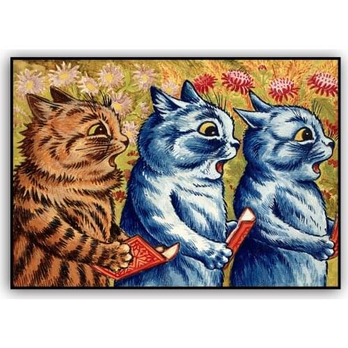 Vintage Poster Canvas Print Three Cats Singing Canvas Painting Louis Wain Wall Art Retro Picture Antique Art Home Decoration