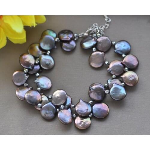 Z10709 2row 8"~10" 14mm Black Coin Freshwater Pearl Bracelet