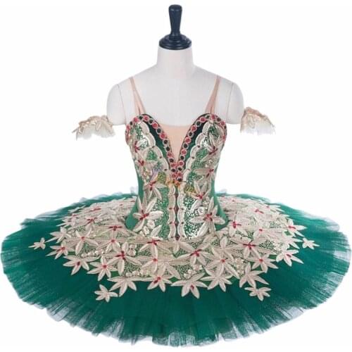Women Professional Ballet Tutu Green Gold Adult Nutcracker Performance Pancake Tutus Skirt Precious Stones Ballet Stage Costume