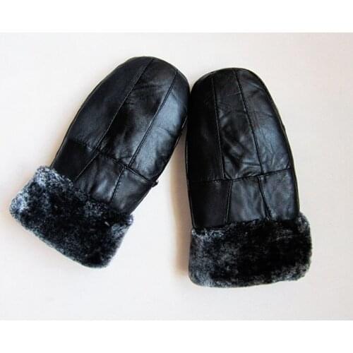 Woman autumn sheepskin plus velvet thicken gloves female winter solid warm glove lady thick leather Points finger mitten