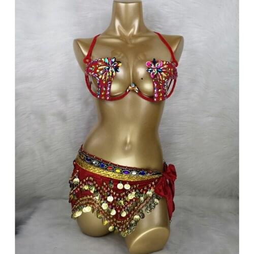 New Hot Shining Belly dance costume Sexy Samba Carnival set Wire Bra & Coin Belt Samba Suit performance wear free shipping C024