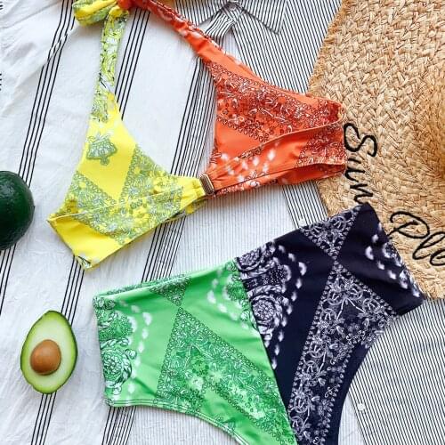 New IN Bikini Print Stitching Swimsuit Tie Knotted Swimsuit Womens Split Swimsuit Two Piece Fashion Sexy Bikini Bathing Suit