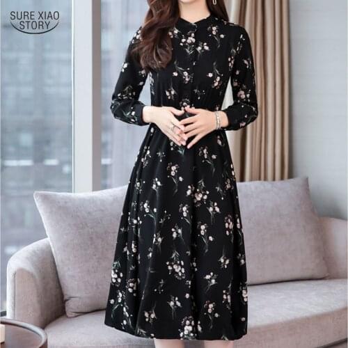 2021 New Style Vestidos Long Sleeve Women Chiffon Dresses Autumn Black Flower Boho Button Design Knee Lenght Dress 5081 50