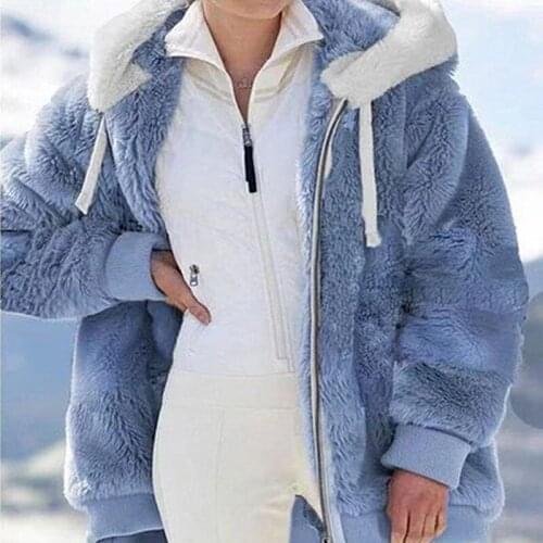 Winter Faux Fur Womens Coat Hooded Long Sleeve Cardigan Zipper Loose Solid Patchwork Fashion Streetwear Coat