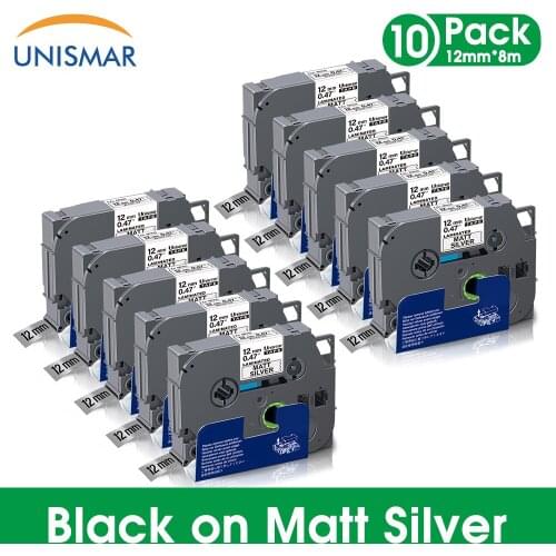 Unismar 10PK TZe-231 TZE231 12mm TZe Laminated Label Stickers for Brother Black On Matt Silver TZe-M931 P-touch PT Label Maker