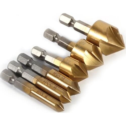 6PCS 5 Flute HSS Chamfer Countersink Chamfer Drill Bit 1/4" Hex Shank 90 Degree Wood Chamfering Cutter 6mm 8mm 9mm 13mm 16mm 19m