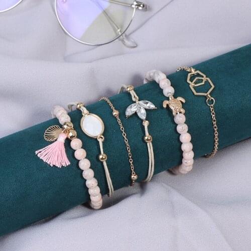 6pcs/set Turtle Shell Flower Crystal Beaded Bracelets Jewelry Bohemian Pink Tassel Chain Bracelet Sets For Women