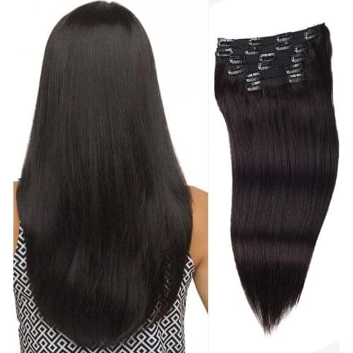 Toysww Remy human hair clip in extensions Straight 6pc Set Full Hair Brazilian Hair Clip in 100g 120g Natural Color #1B