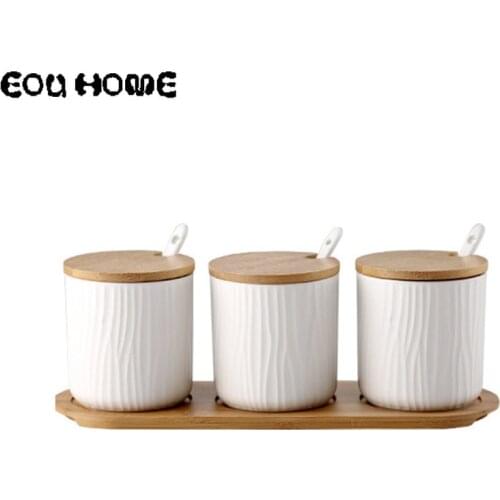 Bamboo Cover Spice Jar Matte Round Ceramic Seasoning Jars Multipurpose Household Salt Sugar MSG Storage Cans Kitchen Accessories