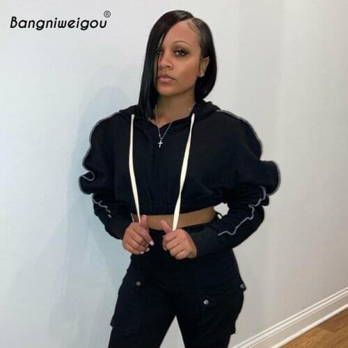 Bangniweigou Warm Fleece Long Sleeve Crop Hoodies Sportswear Autumn Winter Women Ruched Sweatshirt Top Black Apricot