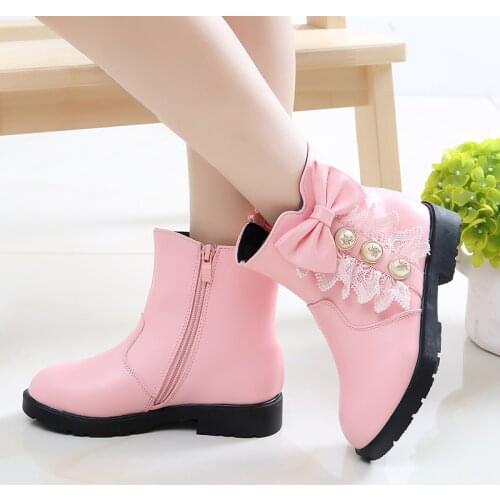 MudiPanda Girls Boots Fashion Lace Bow Leather Princess Shoes 2021 New Winter Non-Slip Plus Velvet Warm Kids Pink Snow Boots