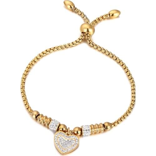 Adjustable Size Full Zircon Heart Charm Bracelet Stainless Steel Gold color Bracelet For Women Kids Best Christmas Birthday Gift