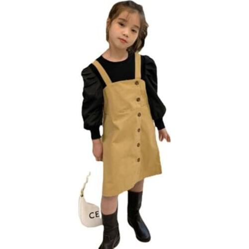 Cultiseed Girls New Puff Sleeve T-Shirts+Single Breasted Strap Dress 2pc Sets Clothing Children Kids Casual Romper Gowns Suits