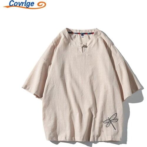 Covrlge New Mens T-shirt Daily Chinese Style Cotton Linen Casual Youth Plate Button Loose Large Size Raglan Sleeves Top MTS690