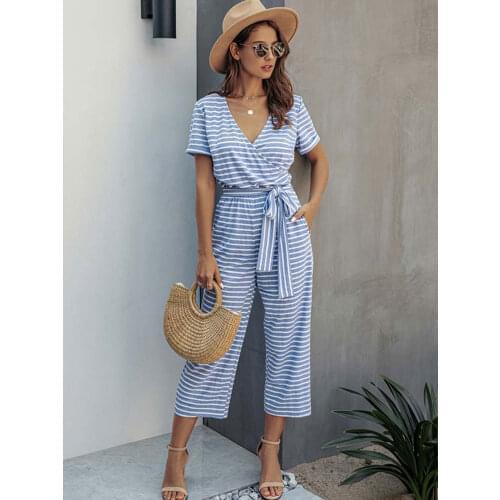2021 Summer Loose Striped Jumpsuit Women Overalls Romper Women Wide Short Sleeve Long Jumpsuit Ladies Overalls For Women Black