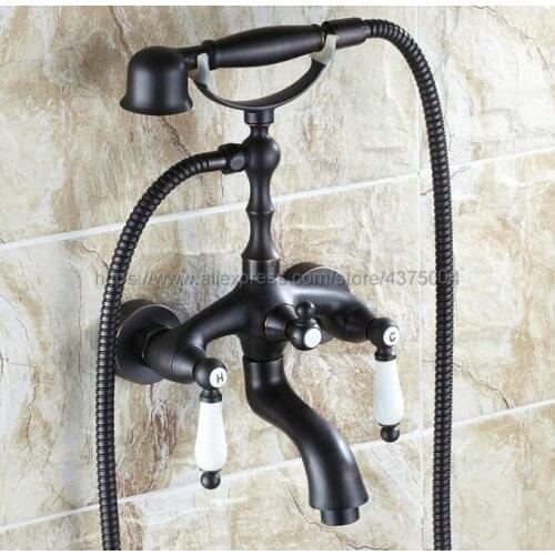 Black Oil Rubbed Brass Tub Faucet Wall Mounted Mixer Tap Ceramic Handles With Hand Shower Ntf040