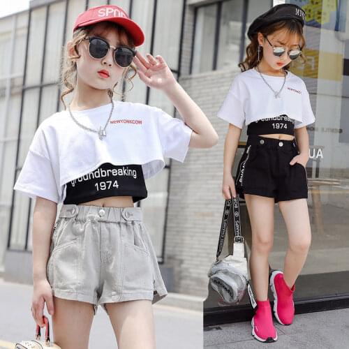 Summer Fashion Girls Clothes Three-piece Sets Sweatshirt Short T-shirt Skinny Vest Shorts Letters Printed 3-13 Years Girls Suits