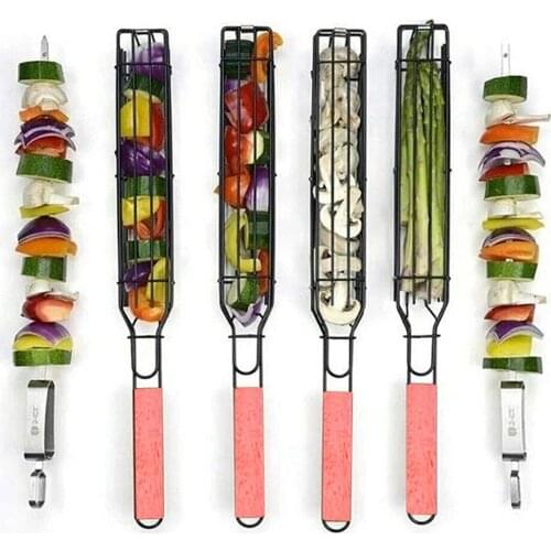 Grilling Baskets Reusable Durable Anti-Corrosion Wooden Handle Barbecue Tool Grill Basket Grill Net For Co-Worker 1/2 pcs