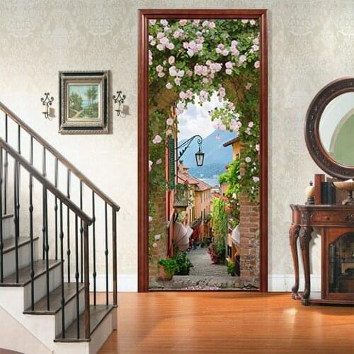 Small Town Style Rose Arch Door Stickers For Living Room Bedroom Decoration Self Adhesive Wallpaper Poster Home Decor Wall Decal