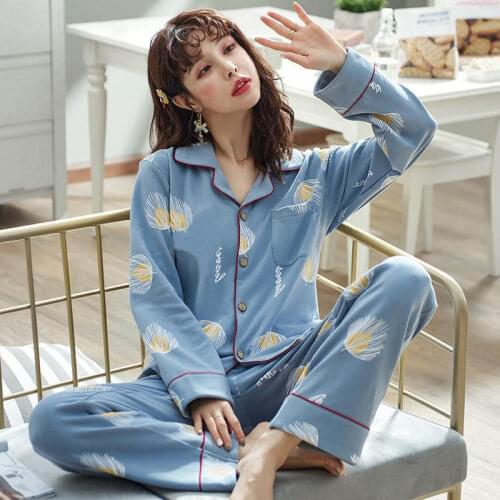 New Spring Print Lovely Womens Pajamas Long Sleeve Top Long Pant Leisure Pajamas Set Woman Sleepwear Girls Pyjamas