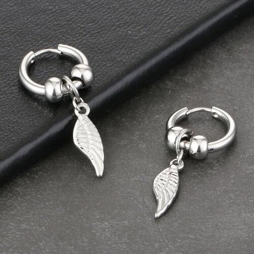 Retro Stainless Steel Leaf Pendant Earrings Silver Color Small Wing Hoop Huggie Earrings Circle Ear Ring Tassel Korean Jewelry