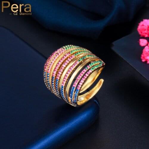 Pera Luxury Designer Rainbow Cubic Zirconia Yellow Gold Multiple Circles Resizable Wedding Rings for Bridal Party Jewelry R160
