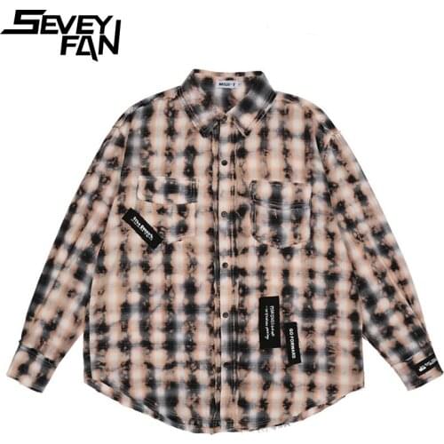 Seveyfan Mens Fashion Tie Dye Plaid Shirts Front Pockets Torn Edge Shirts Hip Hop Khaki Tops for Male