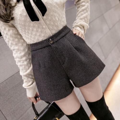 Shorts Women Woolen Shorts Autumn And Winter High Waist Womens A- Line Houndstooth Shorts Bootcut Pants Ropa Mujer