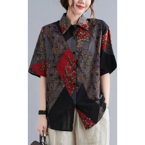 Plus Size Women Cotton Casual Shirts New Arrival 2021 Summer Vintage Style Floral Print Loose Female Short Sleeve Tops S3568