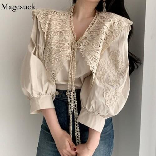 Women Korean Embroidery Lace Blouse New V Neck Floral Lace Stitching Loose Lantern Half Sleeve Shirt Spring Solid Tops 13523