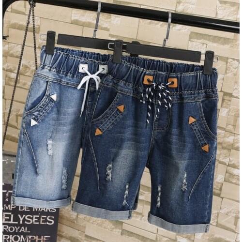 Summer denim shorts five points jeans shorts female elastic waist plus size fashion casual loose hole denim shorts with pockets