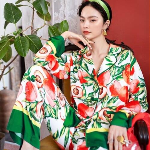 Women Print Peach 2PCS Pajamas Sets Sexy Rayon Turn-Down Lounge Pyjamas Suit Sleepwear Nightwear Summer Lounge Home Wear
